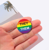 Bulk, Pronoun TheyThem Rainbow Striped Circle Button Pins, LGBTQ Gay Pride