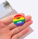 Bulk, Pronoun He/Him Rainbow Striped Circle Button Pins, LGBTQ Gay Pride