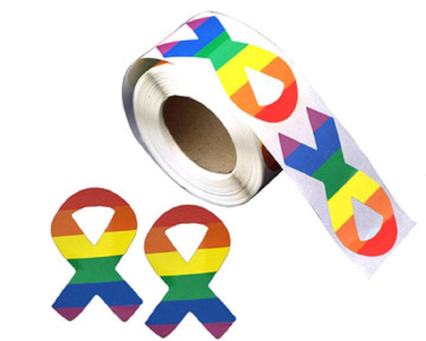 Large Rainbow Striped Ribbon Stickers (250 Per Roll) - We are Pride