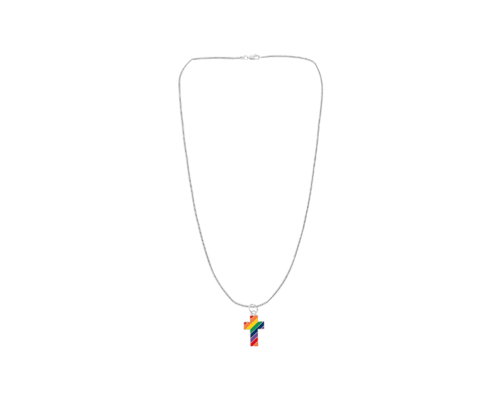 Bulk, Wholesale Rainbow Striped Cross Shape Charm Necklaces, LGBTQ Gay Pride Awareness