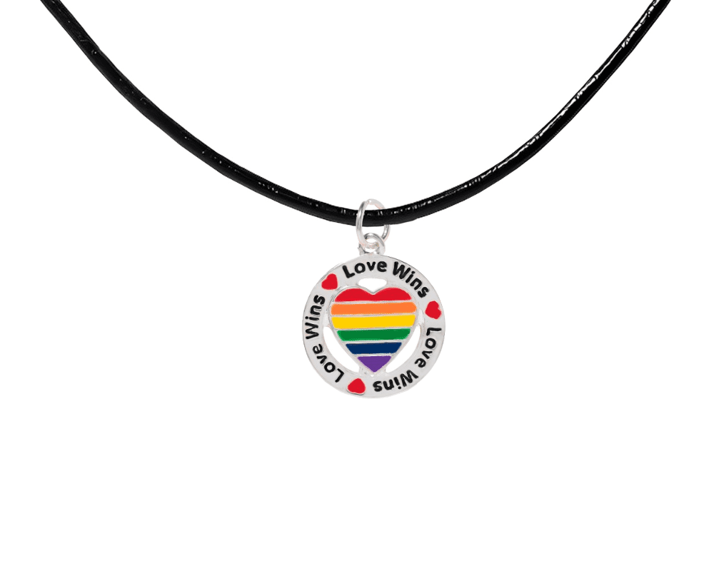 Round Rainbow Heart Love Wins Charm on Black Cord Necklace, Gay Pride Awareness Pendants