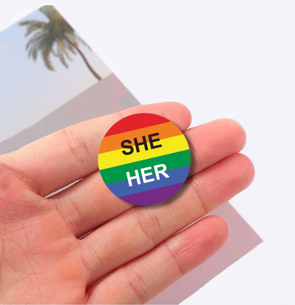 Bulk, Pronoun She/Her Rainbow Striped Circle Button Pins, LGBTQ Gay Pride