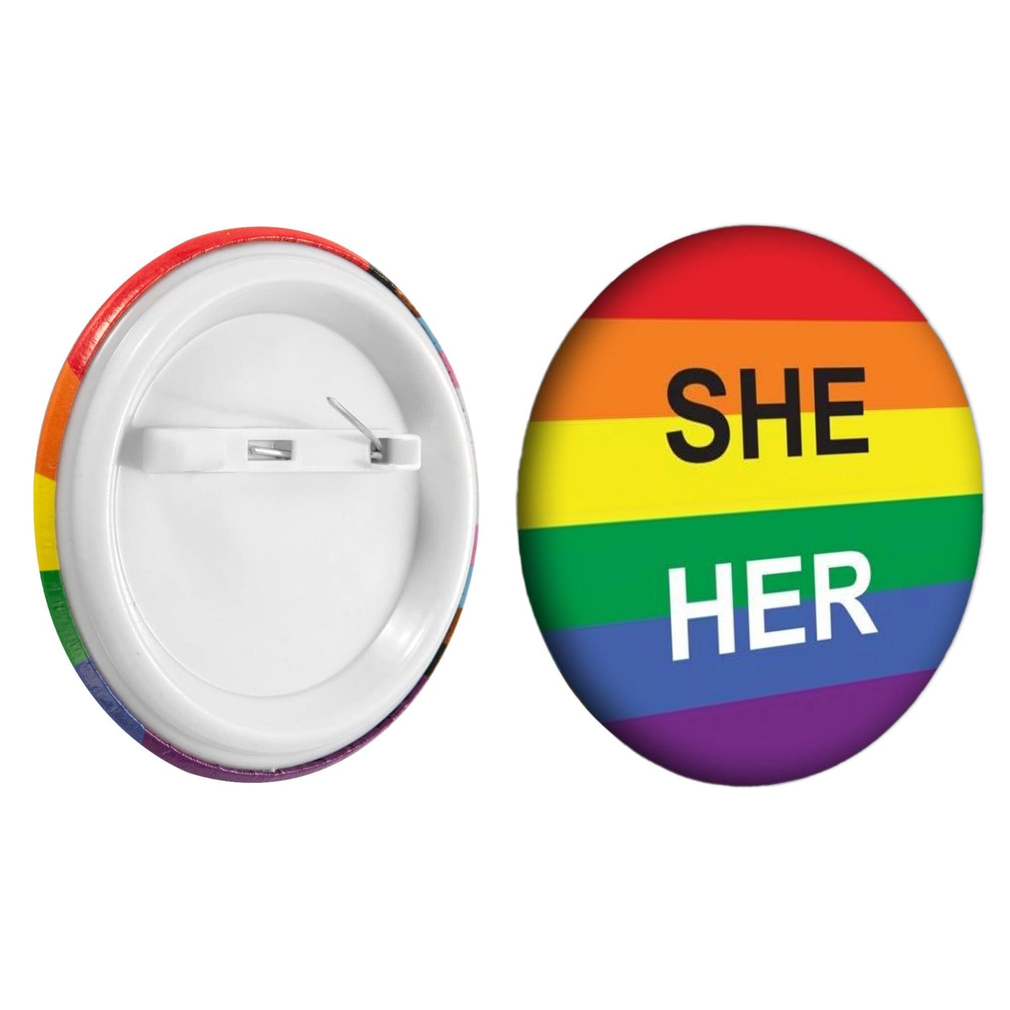 Bulk, Pronoun She/Her Rainbow Striped Circle Button Pins, LGBTQ Gay Pride