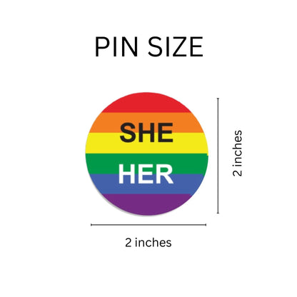 Bulk, Pronoun She/Her Rainbow Striped Circle Button Pins, LGBTQ Gay Pride