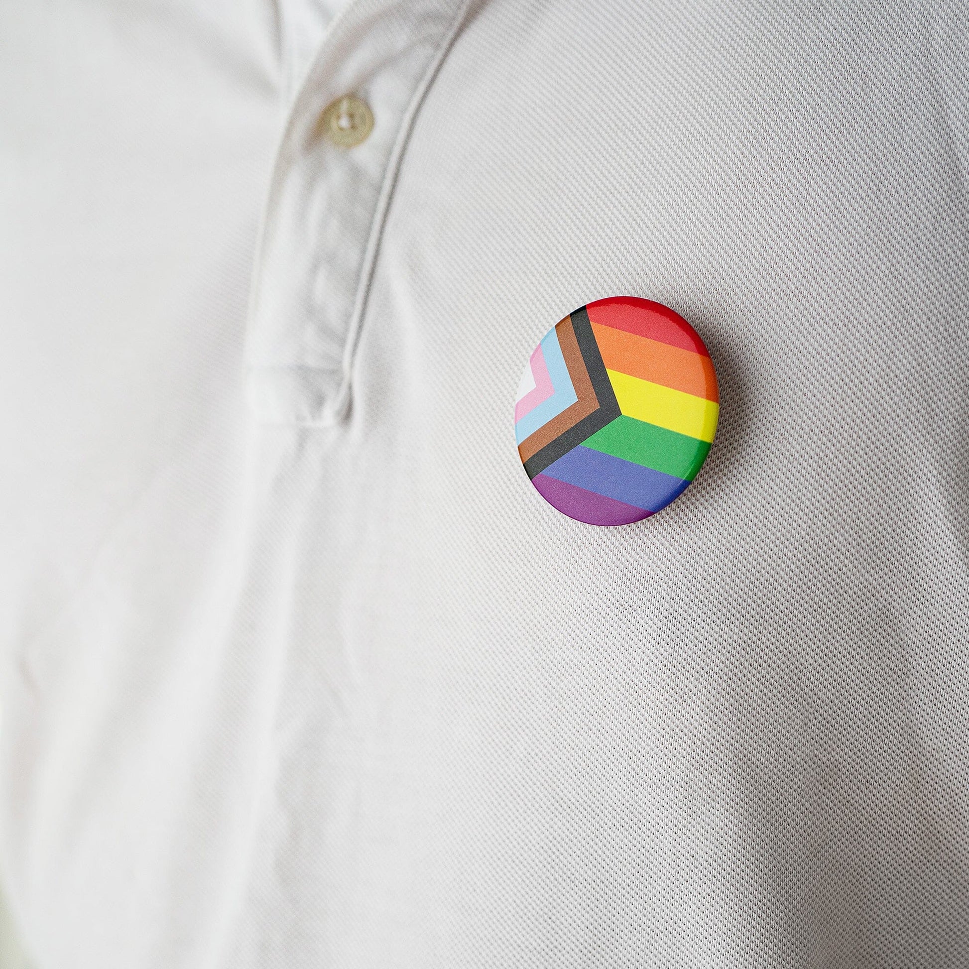 Round Daniel Quasar "Progress Pride" Rainbow Flag Button Pins - We Are Pride Wholesale