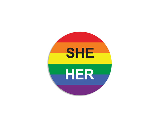 Bulk, Pronoun She/Her Rainbow Striped Circle Button Pins, LGBTQ Gay Pride